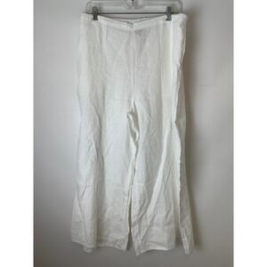 FLAX White Linen Pants L Large Wide Leg Elastic Waist